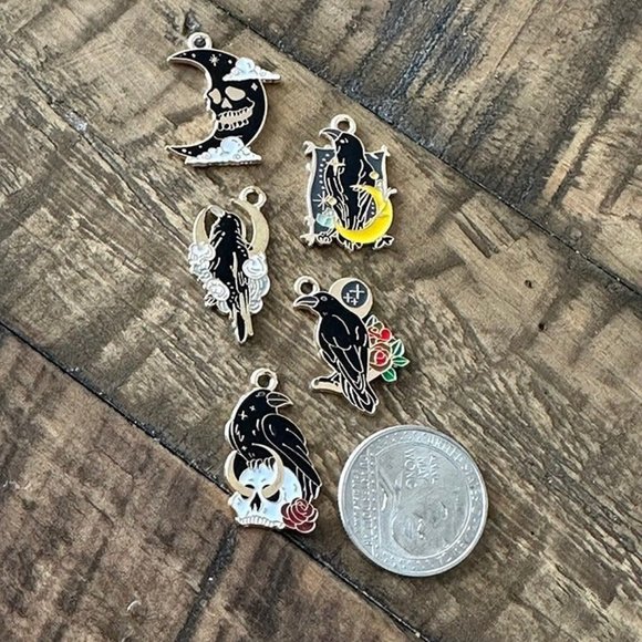 10pc Halloween Raven Charm Set  - Moon Skull - Raven Skull - Picture 2 of 8